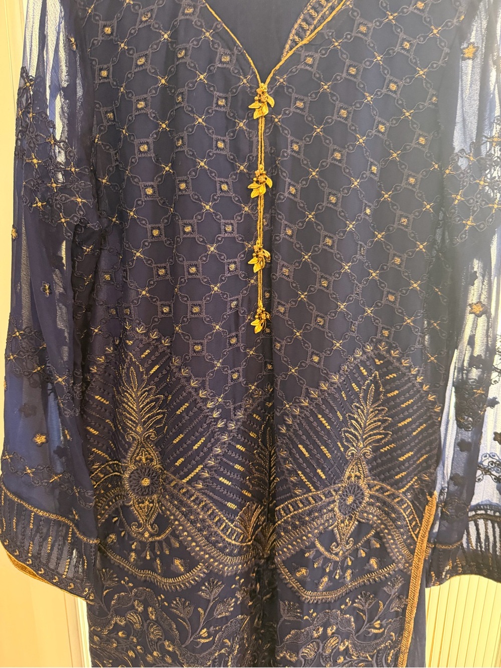 Navy Embroidered Sheer Long Kurta With Gold Threadwork View 2